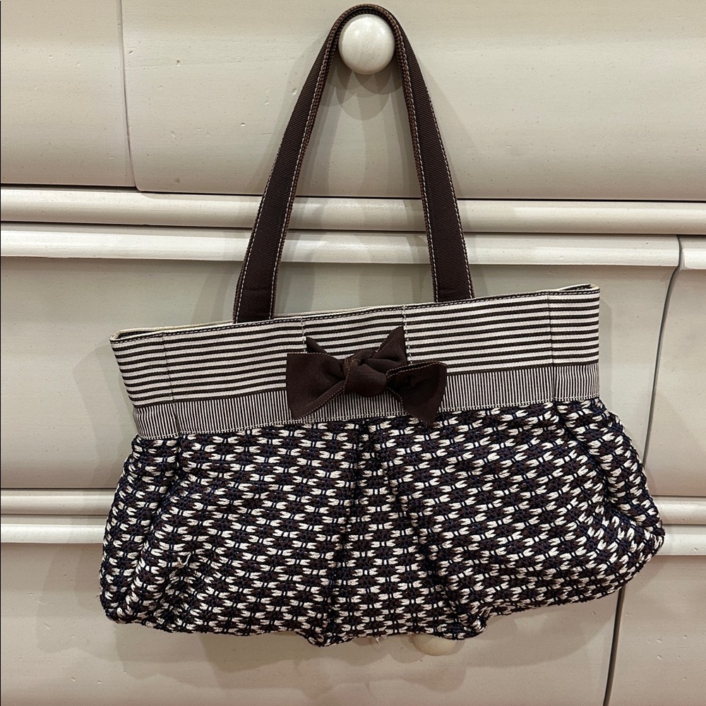 Brown, Cream & Blue Woven Handbag with Striped Top